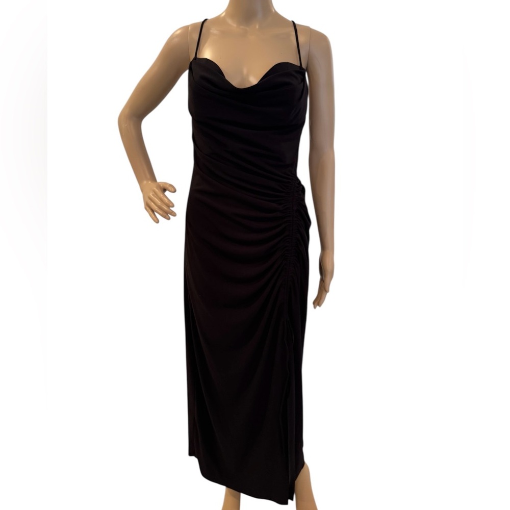 Zara black ruched maxi dress with a cowl neckline and spaghetti straps.